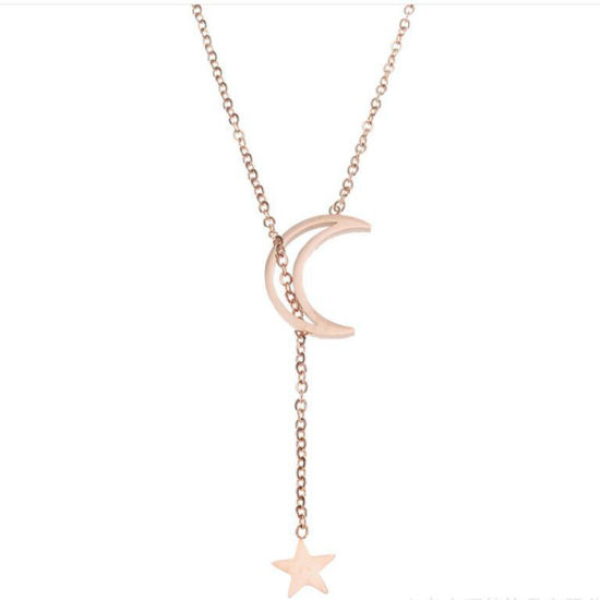 Immagine di Acciaio al titanio Galassia Cavo Catena Lariat Collana Oro Rosa Stella Luna Filigrana 45cm Lunghezza, 1 Pz