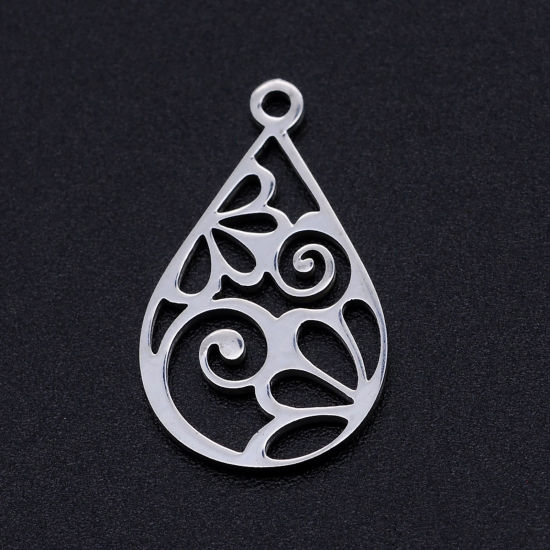 Picture of 304 Stainless Steel Filigree Stamping Charms Silver Tone Drop Filigree Hollow 22mm x 13mm, 2 PCs