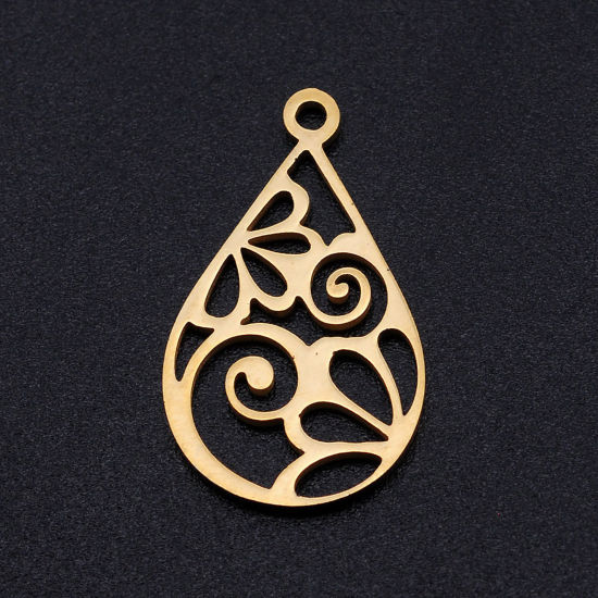 Picture of 304 Stainless Steel Filigree Stamping Charms Gold Plated Drop Filigree Hollow 22mm x 13mm, 2 PCs