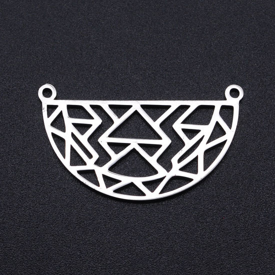Picture of 304 Stainless Steel Filigree Stamping Charms Silver Tone Half Round Triangle Hollow 31mm x 19mm, 2 PCs