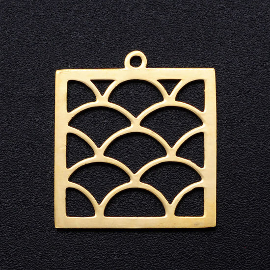 Picture of 304 Stainless Steel Filigree Stamping Charms Gold Plated Square Hollow 22mm x 20mm, 2 PCs