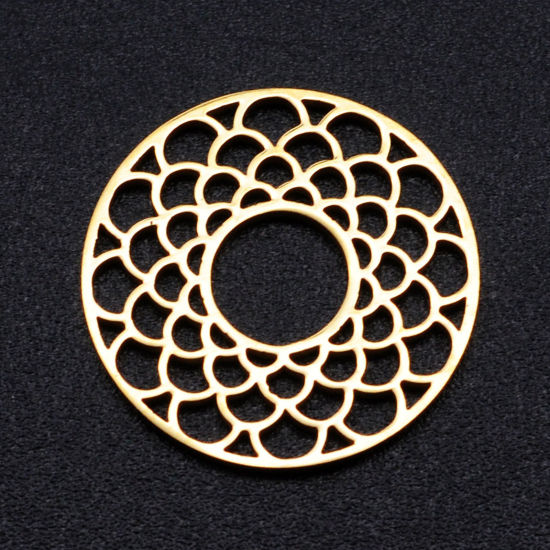 Picture of 304 Stainless Steel Filigree Stamping Charms Gold Plated Round Hollow 18mm x 18mm, 2 PCs