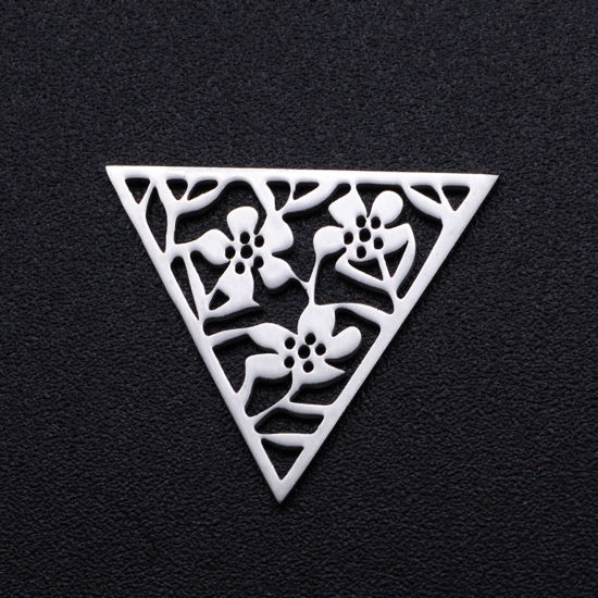 Picture of 304 Stainless Steel Filigree Stamping Charms Silver Tone Triangle Flower Hollow 20mm x 17mm, 2 PCs