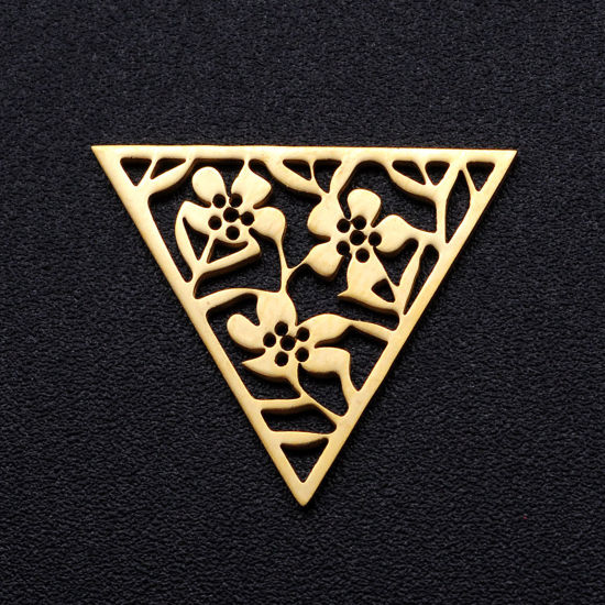 Picture of 304 Stainless Steel Filigree Stamping Charms Gold Plated Triangle Flower Hollow 20mm x 17mm, 2 PCs