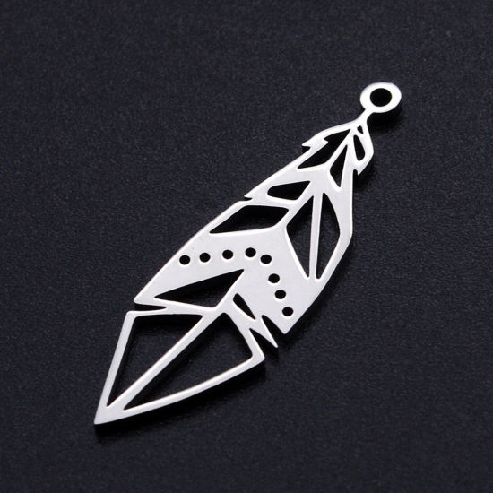 Picture of 304 Stainless Steel Filigree Stamping Charms Silver Tone Feather Hollow 34mm x 10.5mm, 2 PCs
