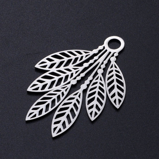 Picture of 304 Stainless Steel Filigree Stamping Charms Silver Tone Feather Hollow 49mm x 35mm, 2 PCs