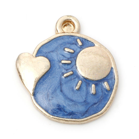 Picture of Zinc Based Alloy Galaxy Charms Gold Plated Dark Blue Round Sun Enamel 18mm x 16mm, 10 PCs