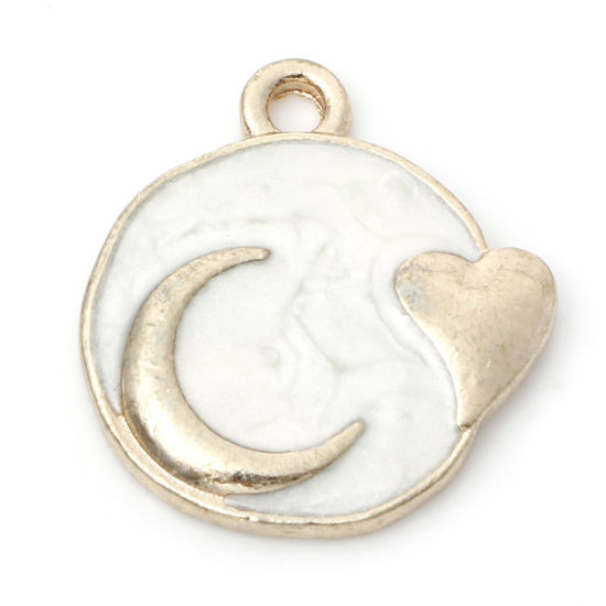 Picture of Zinc Based Alloy Galaxy Charms Gold Plated White Round Moon Enamel 18mm x 16mm, 10 PCs