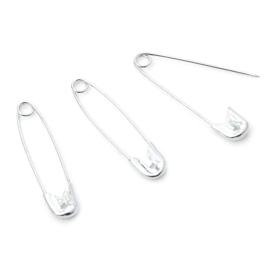 Picture of Iron Based Alloy Safety Pin Brooches Findings Silver Tone 27mm x 6mm, 1 Packet ( 1000 PCs/Packet)