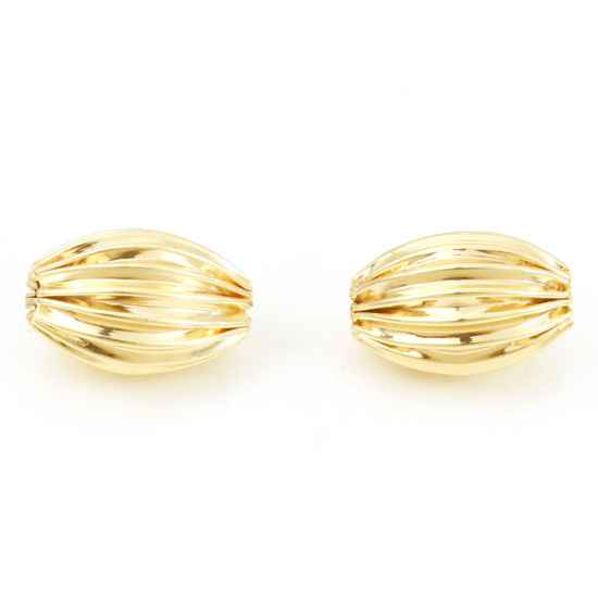 Picture of Brass Beads 18K Real Gold Plated Oval Stripe About 12mm x 8mm, Hole: Approx 1.7mm, 10 PCs