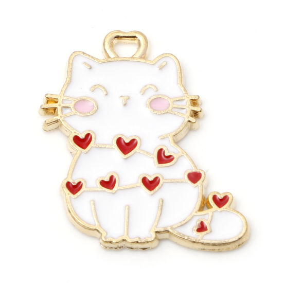 Picture of Zinc Based Alloy Charms Gold Plated White & Red Cat Animal Enamel 20mm x 19mm, 5 PCs