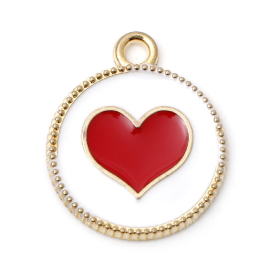 Picture of Zinc Based Alloy Valentine's Day Charms Gold Plated White & Red Round Heart Enamel 19mm x 16mm, 5 PCs