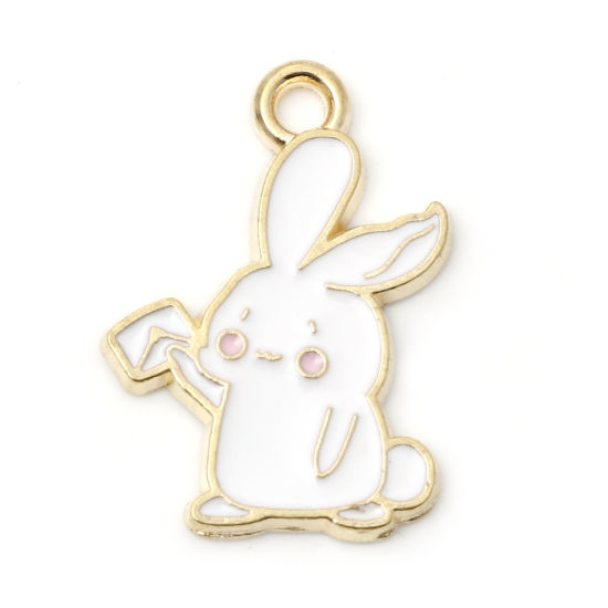 Picture of Zinc Based Alloy Charms Gold Plated White & Light Pink Rabbit Animal Enamel 21mm x 15mm, 5 PCs