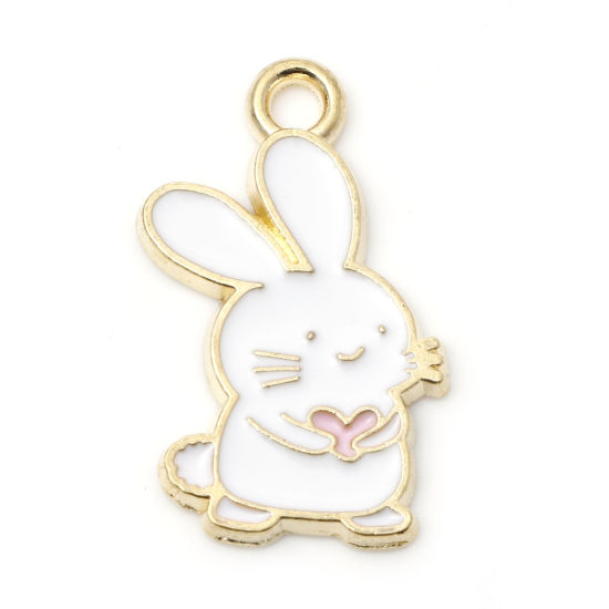 Picture of Zinc Based Alloy Charms Gold Plated White & Light Pink Rabbit Animal Enamel 21mm x 13mm, 5 PCs