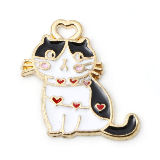 Picture of Zinc Based Alloy Charms Gold Plated Black & White Cat Animal Enamel 20mm x 20mm, 5 PCs