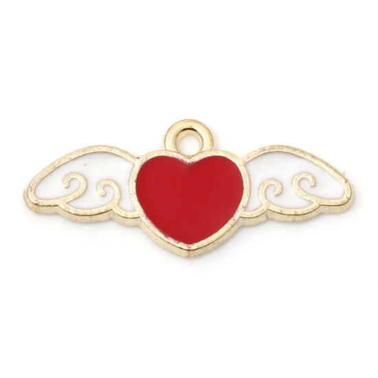 Picture of Zinc Based Alloy Valentine's Day Charms Gold Plated White & Red Wing Heart Enamel 23mm x 10mm, 5 PCs