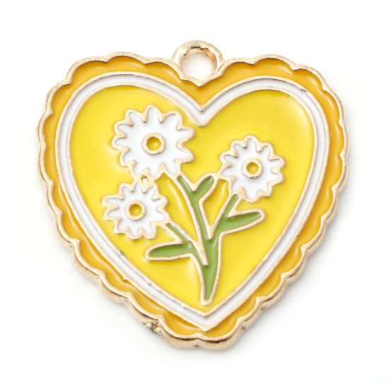 Изображение Цинковый Сплав Подвески Сердце Позолоченный Желтый Цветок С Эмалью 26мм x 25мм, 5 ШТ