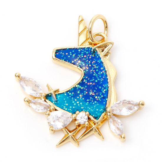 Immagine di Ottone Galassia Charms Cavallo 18K Vero Oro Placcato Verde Blu Stella Smalto Trasparente Cubic Zirconiae 24mm x 21mm, 1 Pz