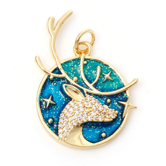 Immagine di Ottone Micro Intarsio Charms Cervo 18K Vero Oro Placcato Verde Blu Stella Smalto Trasparente Cubic Zirconiae 26mm x 20mm, 1 Pz