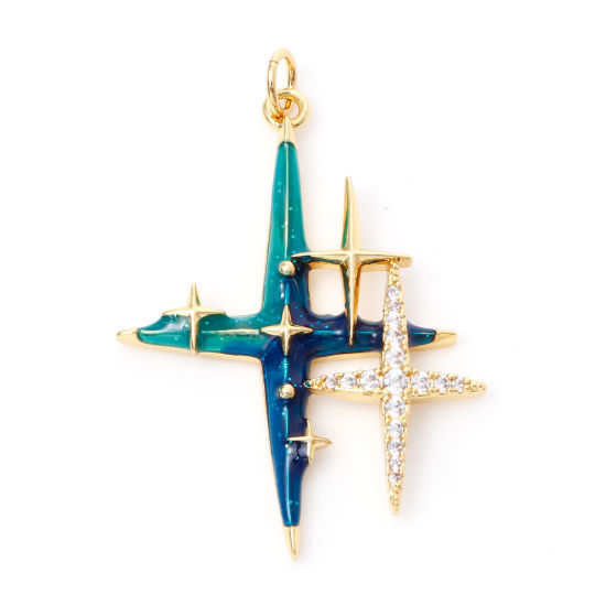 Immagine di Ottone Galassia Ciondoli Stella 18K Vero Oro Placcato Verde Blu Smalto Trasparente Cubic Zirconiae 3.8cm x 2.6cm, 1 Pz