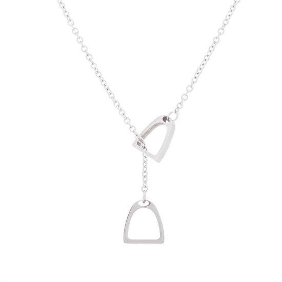 Picture of 304 Stainless Steel Y Shaped Lariat Necklace Silver Tone Luck Horseshoe Hollow 45cm(17 6/8") long, 1 Piece