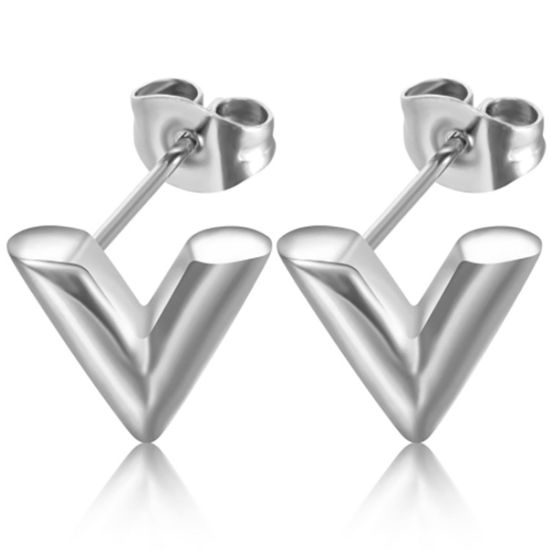 Picture of 304 Stainless Steel Stylish Ear Post Stud Earrings Silver Tone V-shaped 12mm Dia., Post/ Wire Size: (20 gauge), 1 Pair