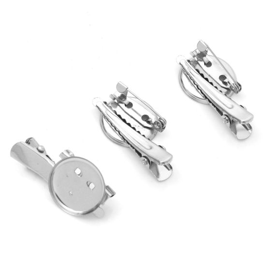 Picture of Iron Based Alloy Cabochon Settings Pin Brooches Findings Hairpin Silver Tone (Fits 18mm Dia.) 3.5cm x 1.9cm, 50 PCs