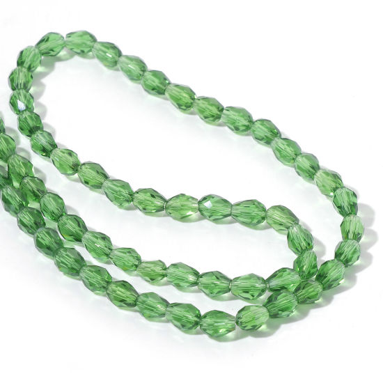 Picture of Glass Beads Drop Grass Green Faceted About 6mm x 4mm, Hole: Approx 0.5mm, 37cm(14 5/8") long, 1 Strand (Approx 65 PCs/Strand)
