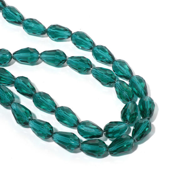 Picture of Glass Beads Drop Peacock Green Faceted About 15mm x 10mm, Hole: Approx 1.4mm, 70cm(27 4/8") long, 1 Strand (Approx 48 PCs/Strand)