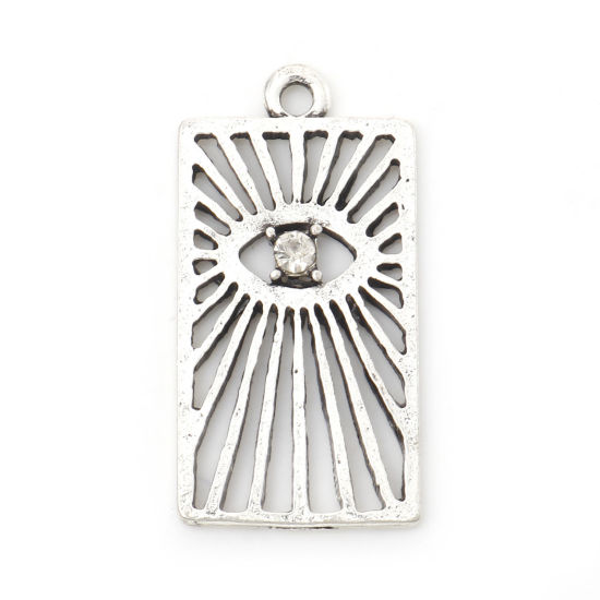 Imagen de Zamak Religión Colgantes Charms Rectángulo Plata Antigua Ojo de la Providencia/Ojo que Todo lo Ve Transparente Rhinestone Hueco 29mm x 15mm, 10 Unidades