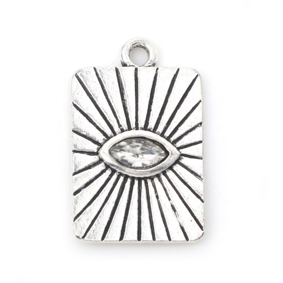 Imagen de Zamak Religión Colgantes Charms Rectángulo Plata Antigua Ojo de la Providencia/Ojo que Todo lo Ve Transparente Rhinestone 24mm x 15mm, 10 Unidades