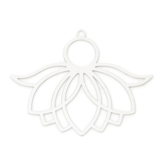 Image de Pendentifs Estampe en Filigrane Religieux en Alliage de Fer Fleur de Lotus Argent Mat 3.9cm x 3.1cm, 10 Pcs