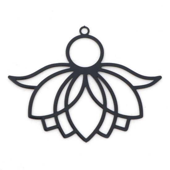 Image de Pendentifs Estampe en Filigrane Religieux en Alliage de Fer Fleur de Lotus Noir Laqué 3.9cm x 3.1cm, 10 Pcs