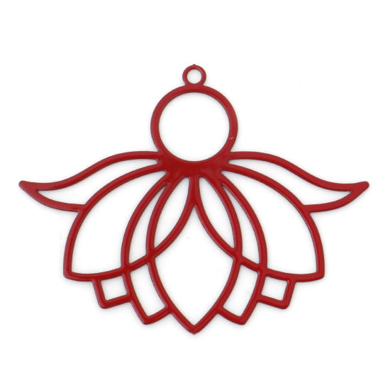 Image de Pendentifs Estampe en Filigrane Religieux en Alliage de Fer Fleur de Lotus Rouge Laqué 3.9cm x 3.1cm, 10 Pcs