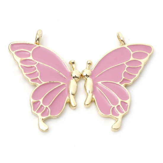 Bild von Zinklegierung Beste Freunde Anhänger Schmetterling Vergoldet Rosa Emaille 3.2cm x 2.1cm, 5 Paare