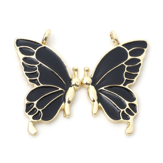 Bild von Zinklegierung Beste Freunde Anhänger Schmetterling Vergoldet Schwarz Emaille 3.2cm x 2.1cm, 5 Paare