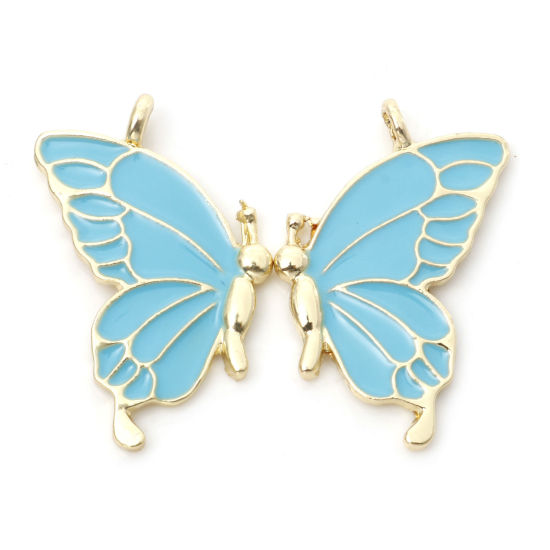 Bild von Zinklegierung Beste Freunde Anhänger Schmetterling Vergoldet Blau Emaille 3.2cm x 2.1cm, 5 Paare