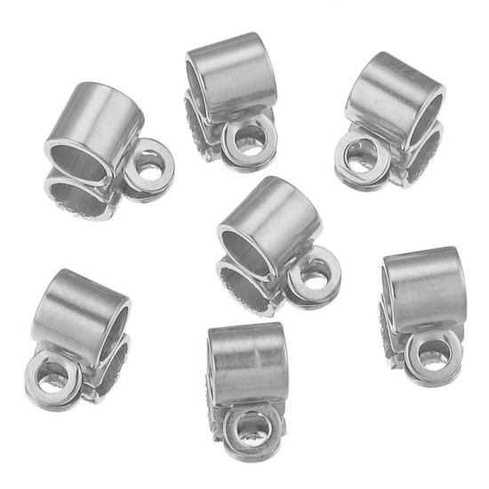 Picture of 304 Stainless Steel Bail Beads Cylinder Silver Tone 9mm x 5mm, 20 PCs