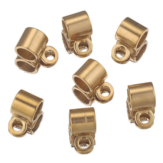 Picture of 20 PCs 304 Stainless Steel Bail Beads With Loop For DIY Jewelry Making Findings Cylinder 18K Gold Color 9mm x 5mm