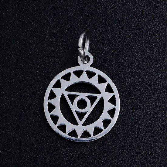 Immagine di 201 Acciaio Inossidabile Yoga Charms Tondo Tono Argento Vishuddha Filigrana 17mm x 11mm, 5 Pz