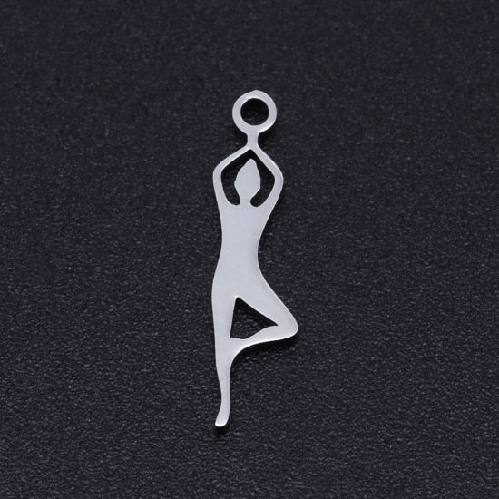 Picture of 201 Stainless Steel Charms Silver Tone Yoga Girl 18mm x 4mm, 2 PCs