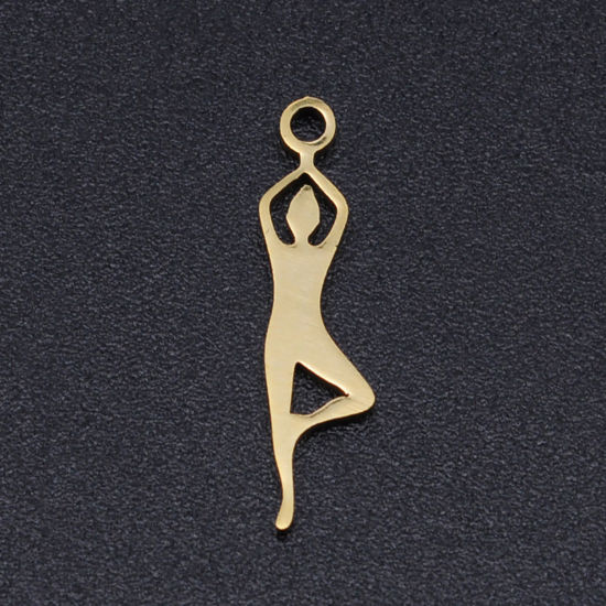 Bild von 201 Edelstahl Charms Yoga Vergoldet Mädchen 18mm x 4mm, 2 Stück