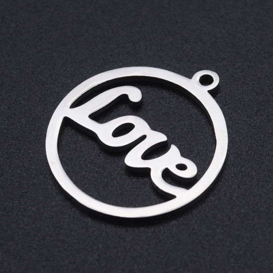 Picture of 201 Stainless Steel Charms Silver Tone Round Message " LOVE " Hollow 22mm x 20mm, 2 PCs