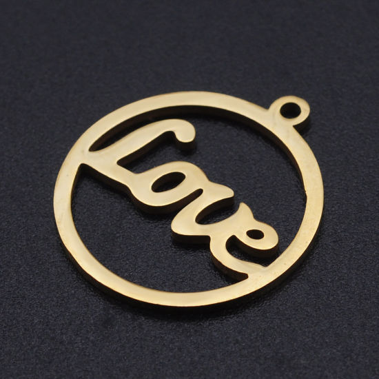 Image de Breloques en 201 Acier Inoxydable Rond Doré Gravé Mots" LOVE " Creux 22mm x 20mm , 2 Pcs