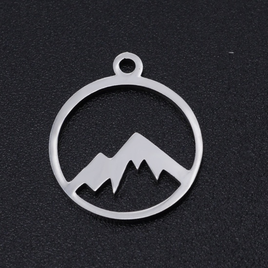 Picture of 201 Stainless Steel Charms Silver Tone Round Mountain Hollow 17mm x 15mm, 2 PCs