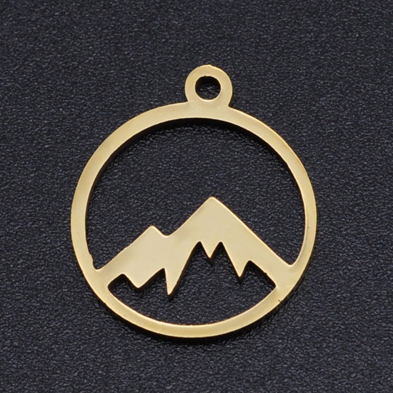 Picture of 201 Stainless Steel Charms Gold Plated Round Mountain Hollow 17mm x 15mm, 2 PCs