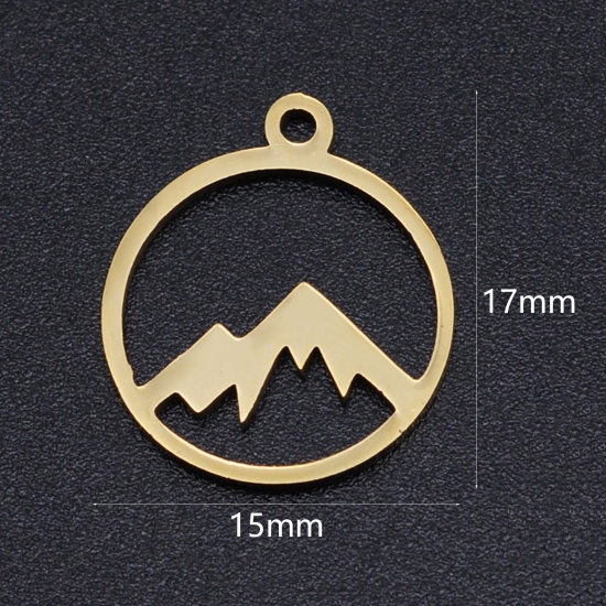 Bild von 201 Edelstahl Charms Rund Vergoldet Mountain Hohl 17mm x 15mm, 2 Stück