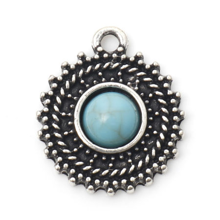 Picture of Zinc Based Alloy Boho Chic Bohemia Charms Antique Silver Color Round Disc Carved Pattern With Resin Cabochons Imitation Turquoise 18mm x 16mm, 10 PCs