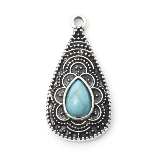 Picture of Zinc Based Alloy Boho Chic Bohemia Charms Antique Silver Color Drop Carved Pattern With Resin Cabochons Imitation Turquoise 27.5mm x 14mm, 10 PCs