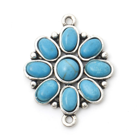 Picture of Zinc Based Alloy Boho Chic Bohemia Connectors Antique Silver Color Flower With Resin Cabochons Imitation Turquoise 3cm x 2.4cm, 5 PCs